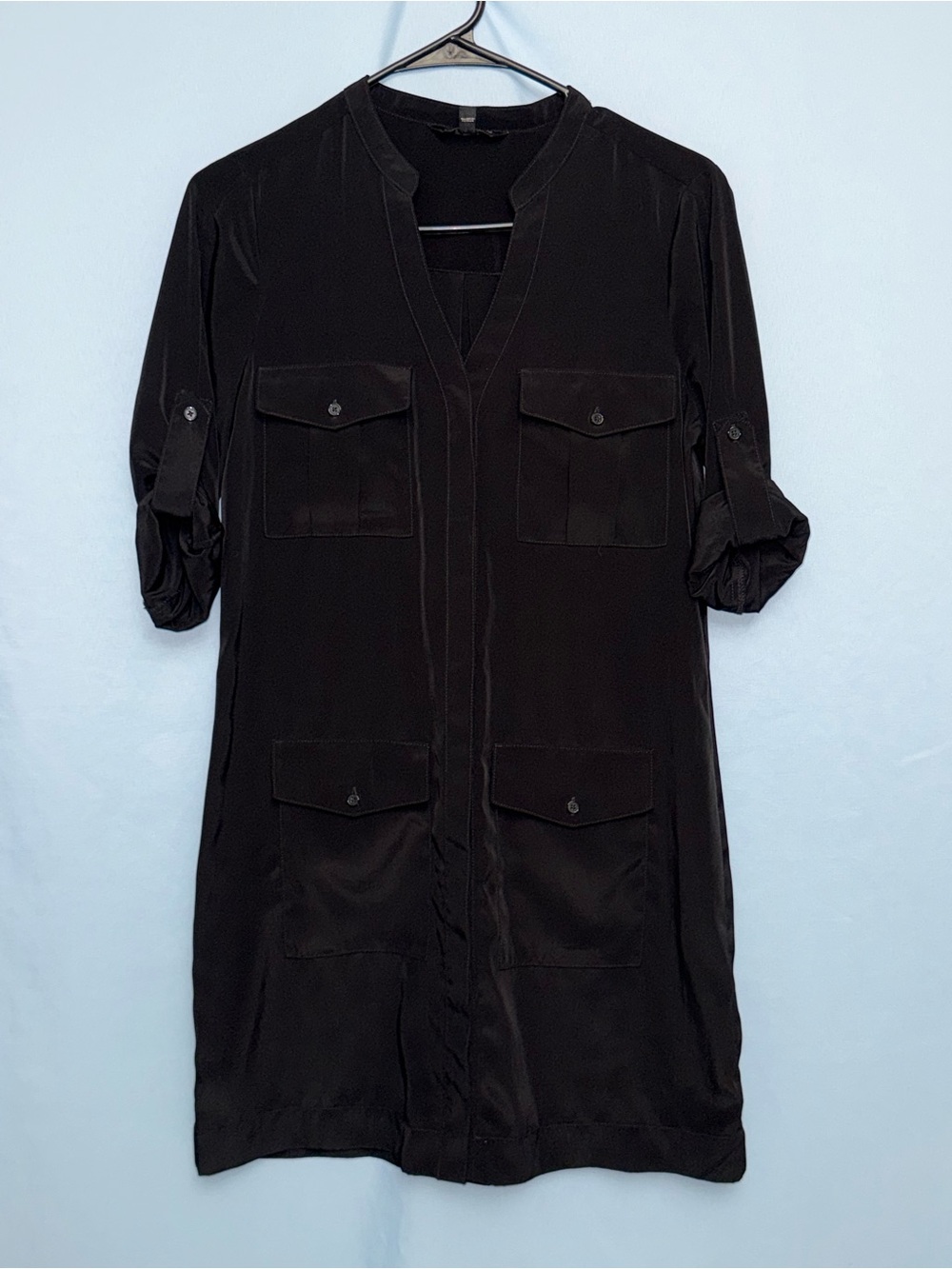 Express Black Utility Shirt Dress Roll Tab Sleeves 4 Pocket Mini Dress Size XS - Picture 2 of 7